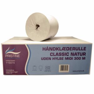 Håndklæderulle Pristine Classic 1-lag Ø20xB20cmxL300m U/Hylse Genbrug Natur