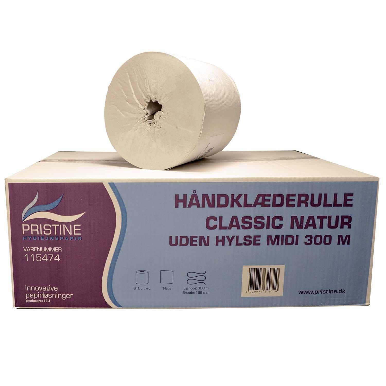 Håndklæderulle Pristine Classic 1-lag Ø20xB20cmxL300m U/Hylse Genbrug Natur