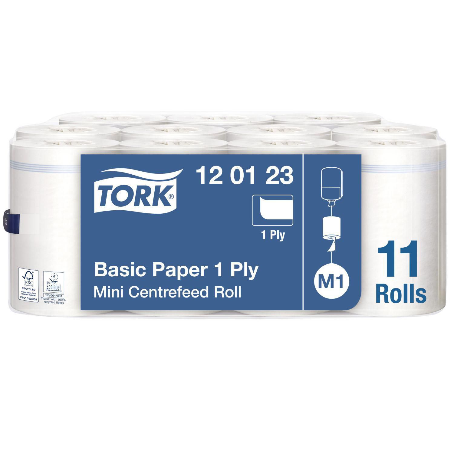 Håndklæderulle Tork Basic Mini M1 1-lag Ø14xB21.5cmxL120m U/Hylse Mix Hvid