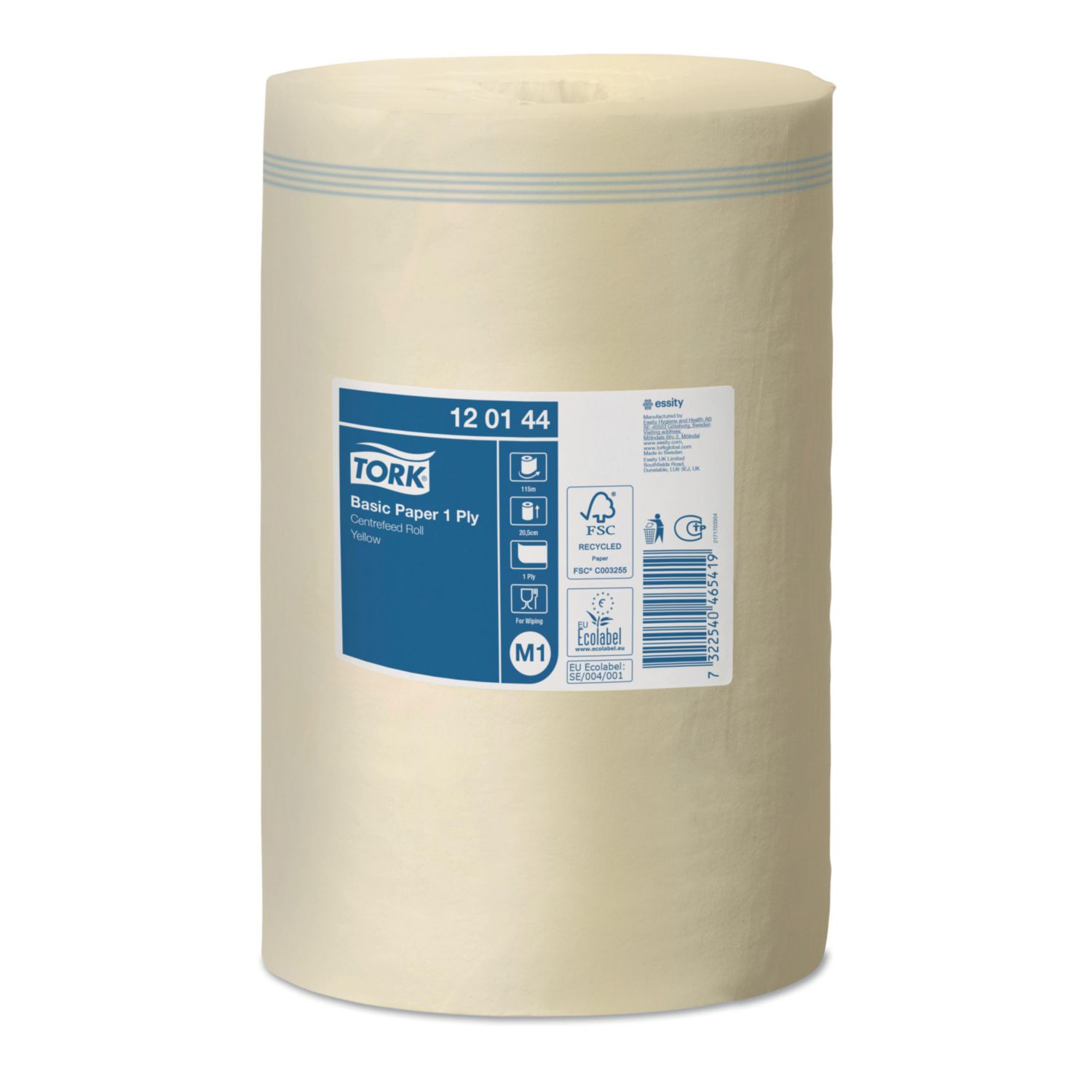Håndklæderulle Tork Basic Mini M1 1-Lag Ø14xB20.5cmxL115m U/Hylse Gul Genbrug