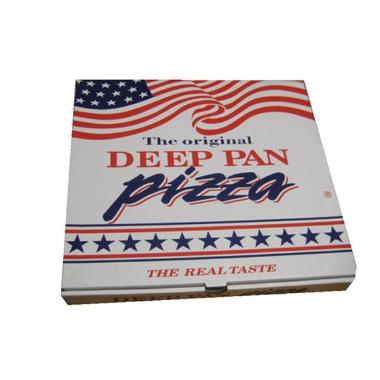 Pizzaæske 29x29x4.5 cm hvid med tryk Deep Pan Pizza