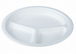 Talerz z trzciny cukrowej, okrągły, trójdzielny, fi 26 cm (paczka 50 szt.)