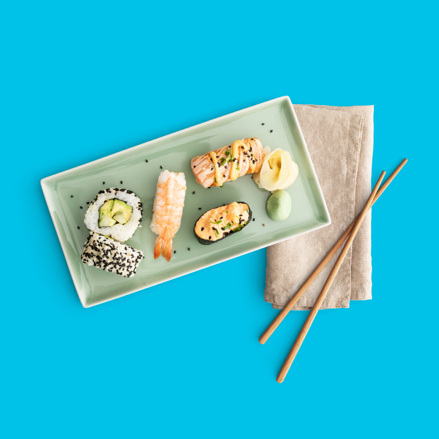 sushi on blue background